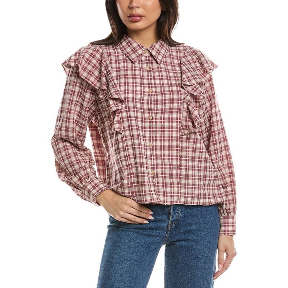 Lna Womens Dru Ruffle Front Blouse, Red